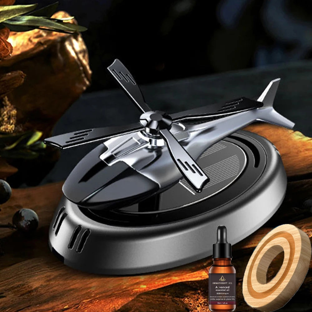 Solar Powered Rotation Helicopter Solar Aromatherapy Car Air Freshener Alloy+Abs Wooden Fragrance Auto Aroma Diffuser